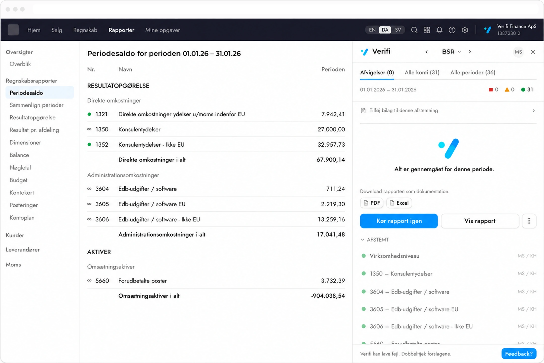 Verifis sidepanel til højre i ERP-systemet, hvor periodens arbejde er afsluttet.