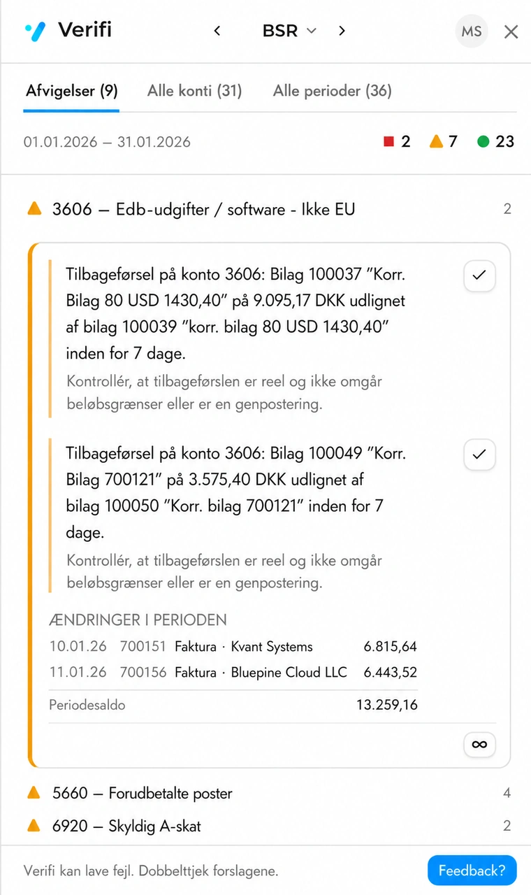 En konto åbnet i panelet med to afvigelser, der hver har deres egne kontroller.