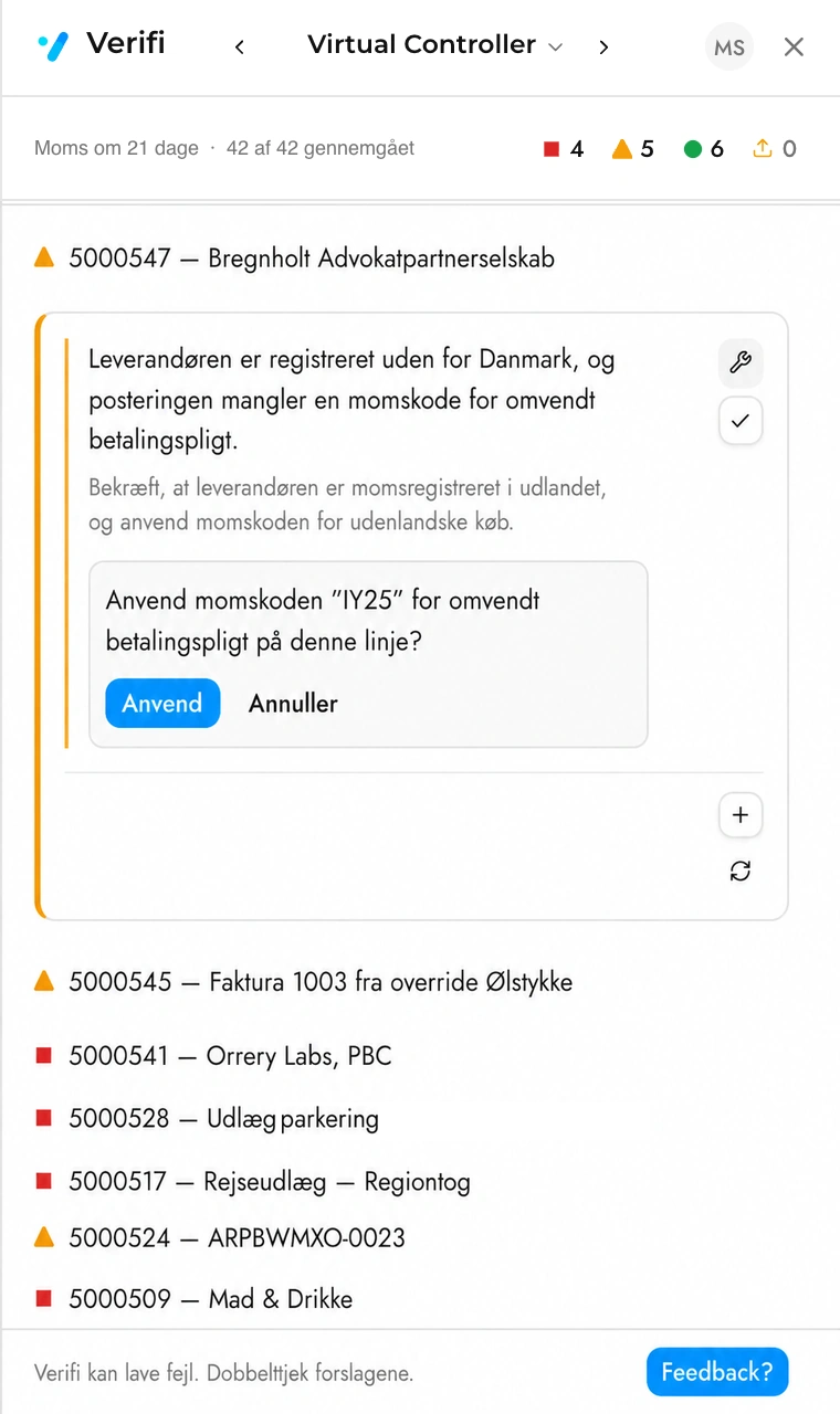 En postering åbnet i Virtual Controller med den fundne afvigelse og Verifis forslag til rettelse.