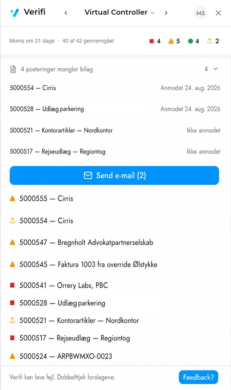Bilagsskuffen med posteringer, der afventer bilag, datoen for seneste forespørgsel og én knap til at sende mailen.