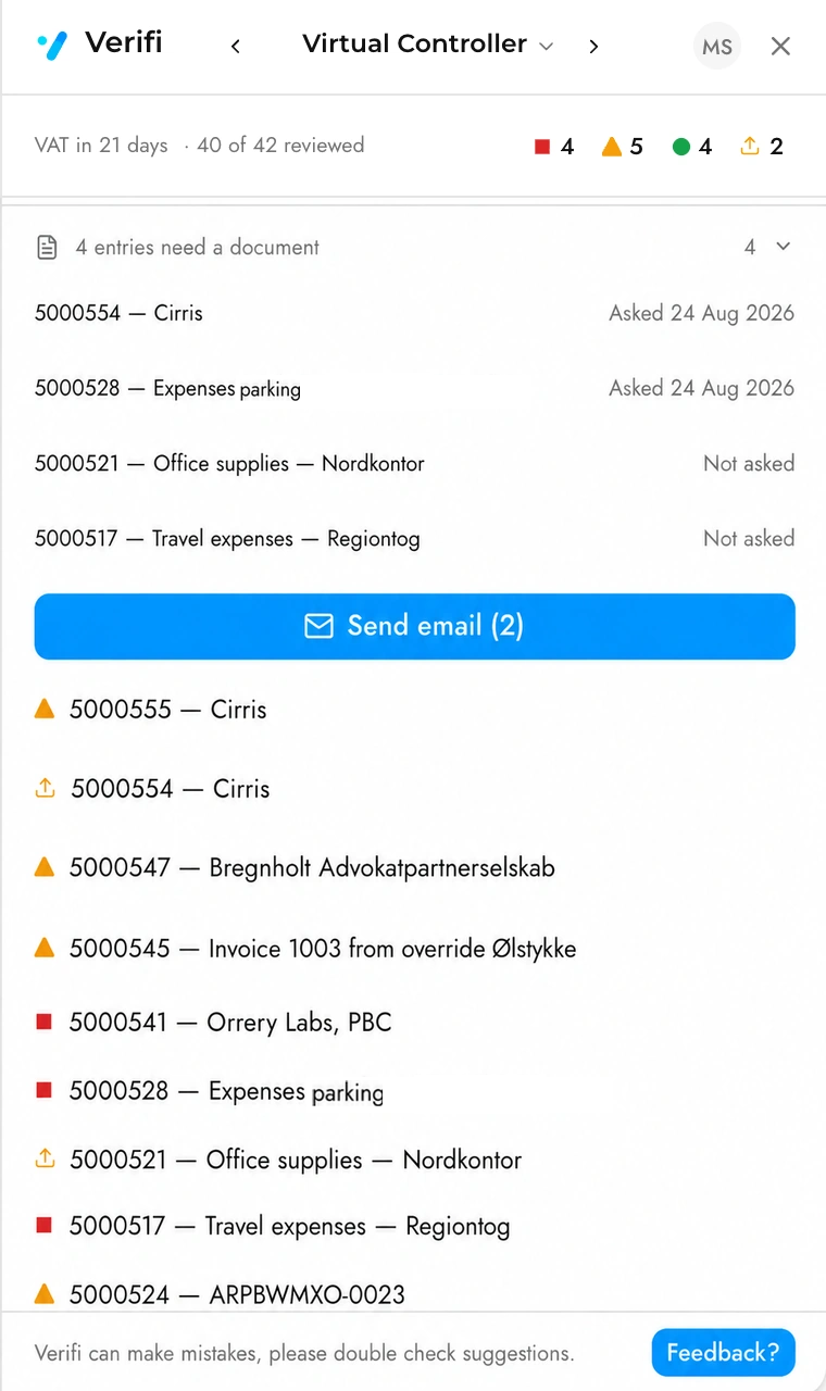 The document drawer open: the entries waiting on a file, when each client was last asked, and one button to send the email.