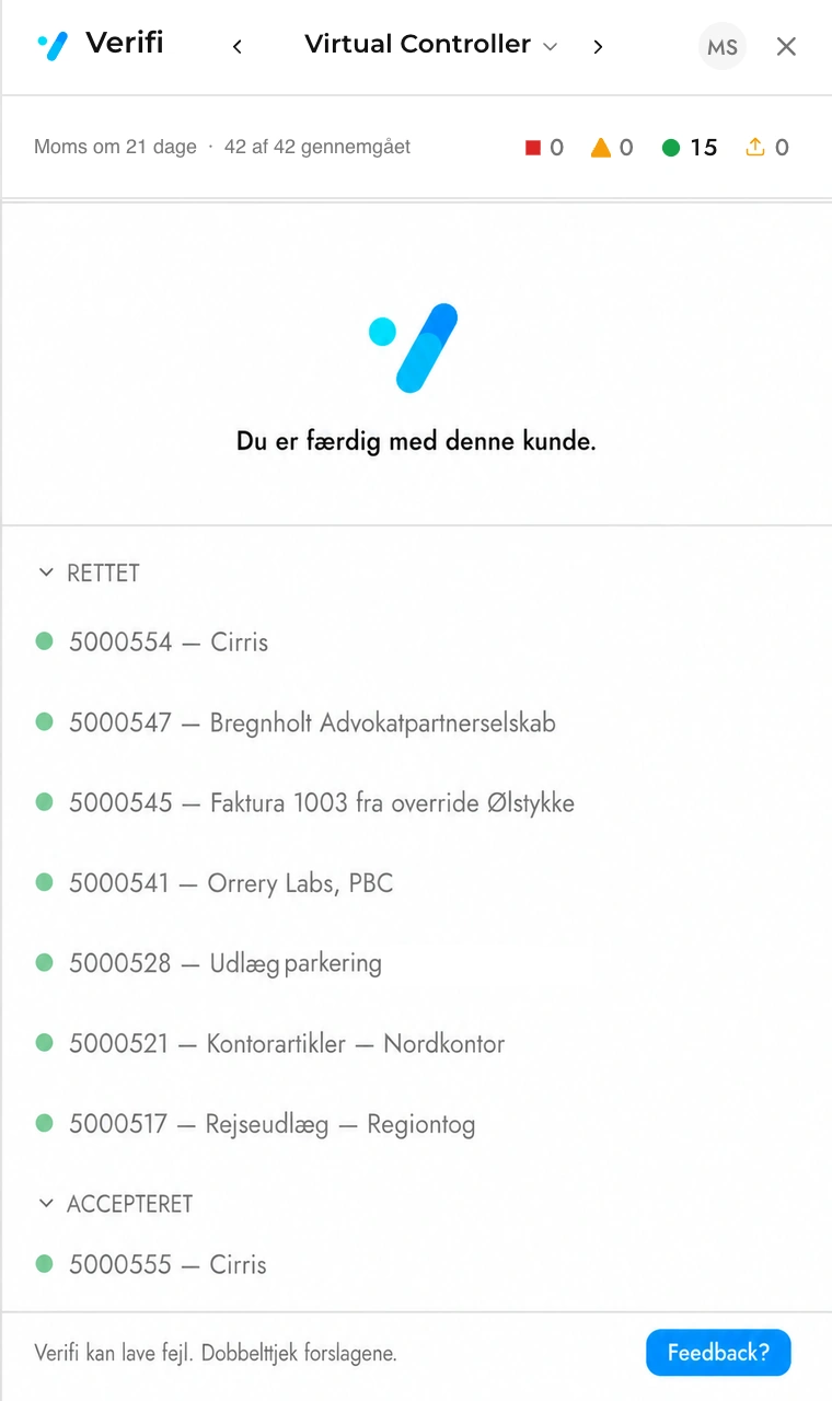 Virtual Controller med alle periodens posteringer gennemgået: 42 af 42 med begge afsluttede sektioner nedenunder.