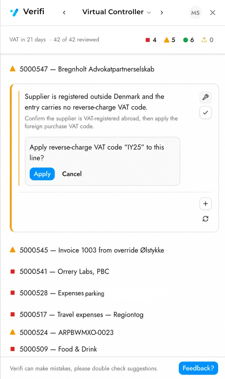 An entry opened in the Virtual Controller, showing the finding and the correction Verifi proposes.